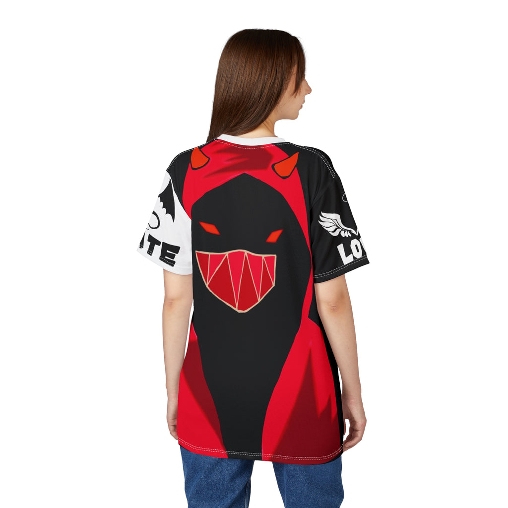Masked Figure with horns and 'Love & Hate' Tee — Edgy Unisex Cut & Sew T‑Shirt