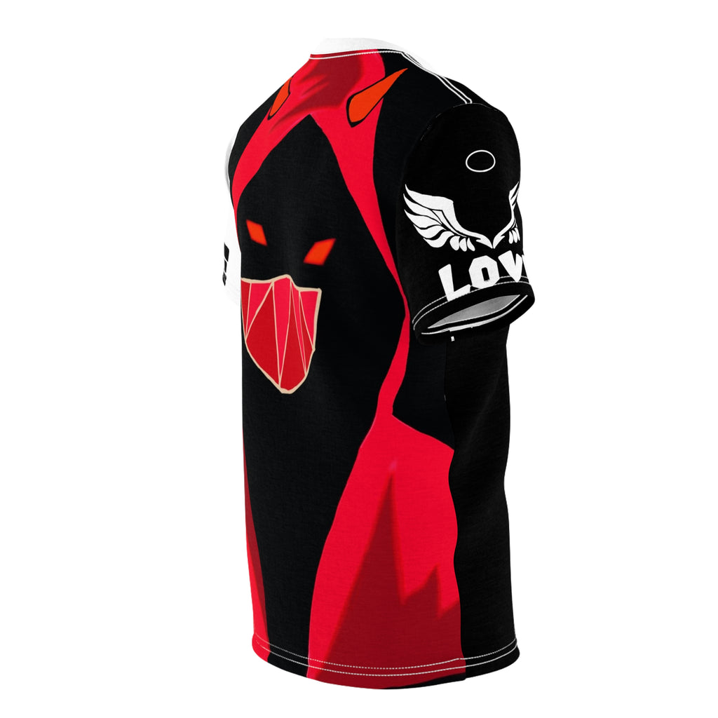 Masked Figure with horns and 'Love & Hate' Tee — Edgy Unisex Cut & Sew T‑Shirt