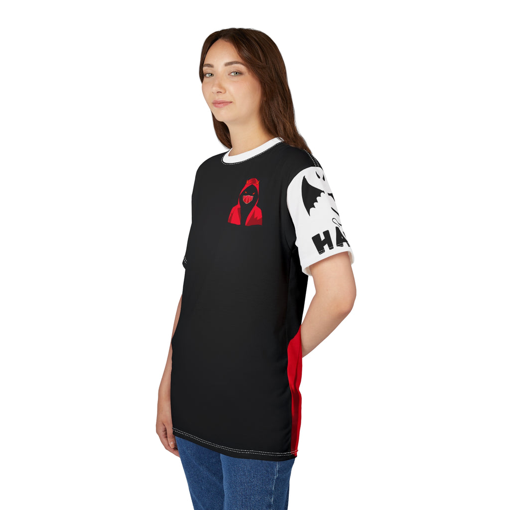 Masked Figure with horns and 'Love & Hate' Tee — Edgy Unisex Cut & Sew T‑Shirt