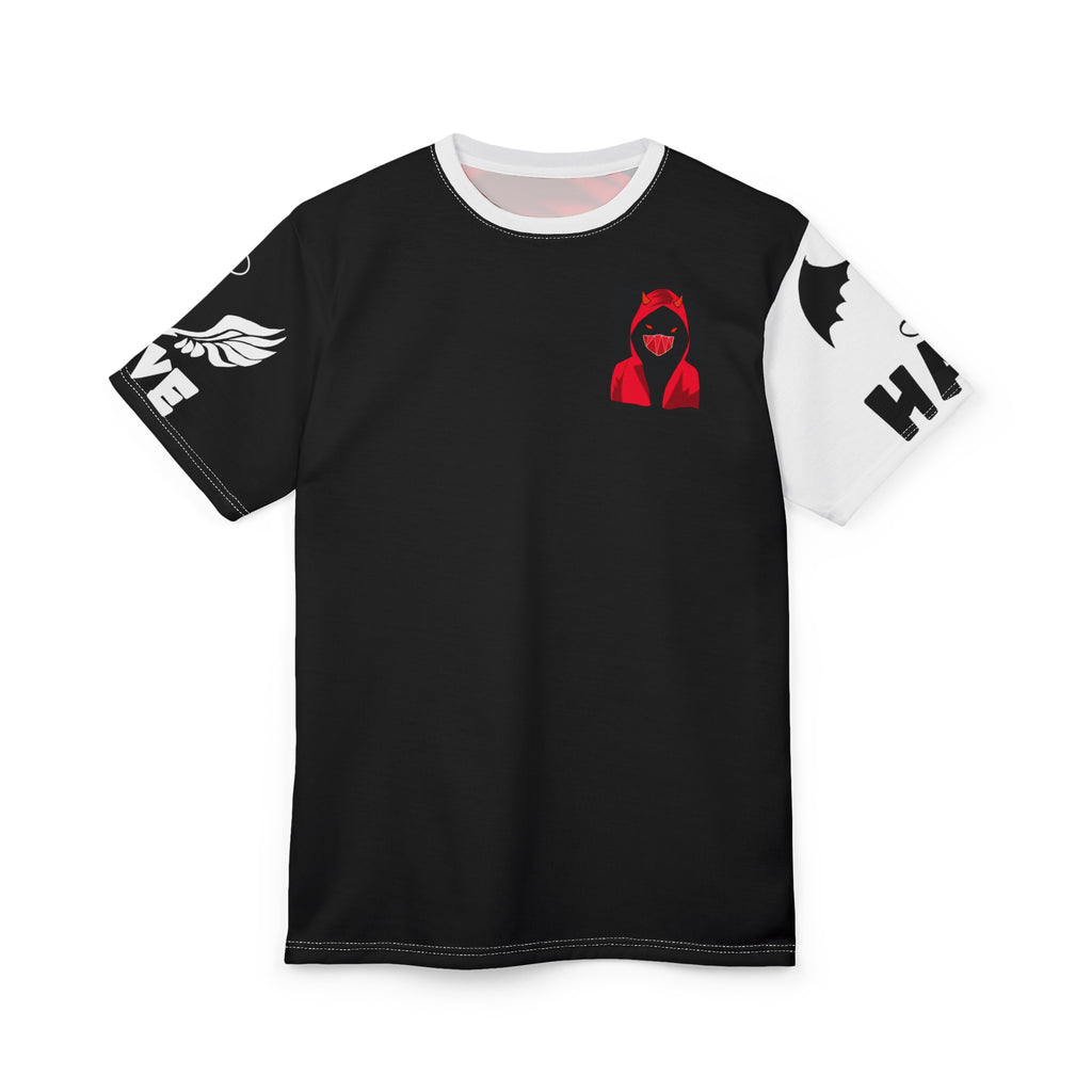 Masked Figure with horns and 'Love & Hate' Tee — Edgy Unisex Cut & Sew T‑Shirt