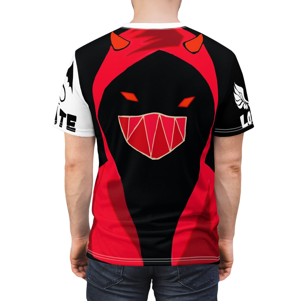 Masked Figure with horns and 'Love & Hate' Tee — Edgy Unisex Cut & Sew T‑Shirt