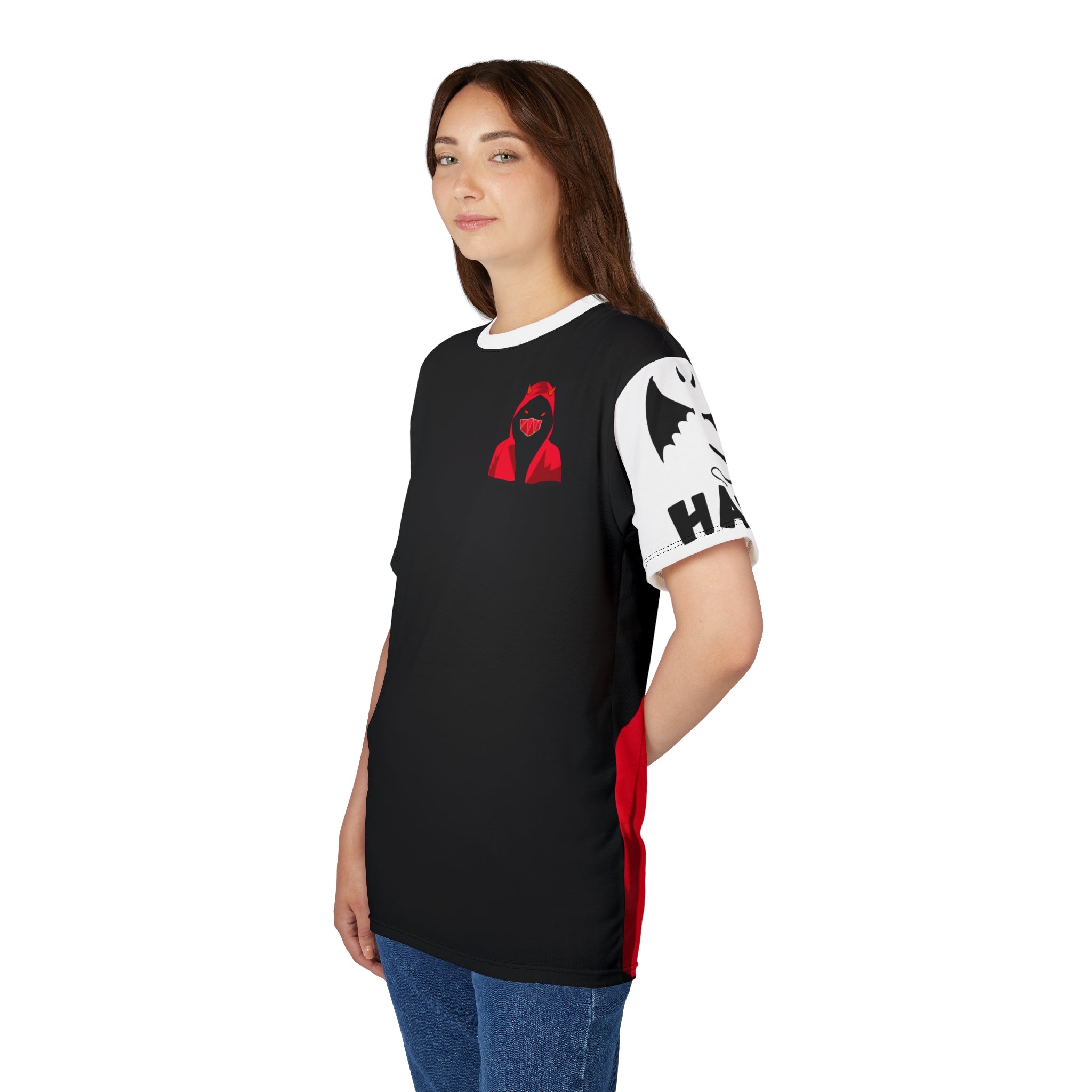 Masked Figure with horns and 'Love & Hate' Tee — Edgy Unisex Cut & Sew T‑Shirt