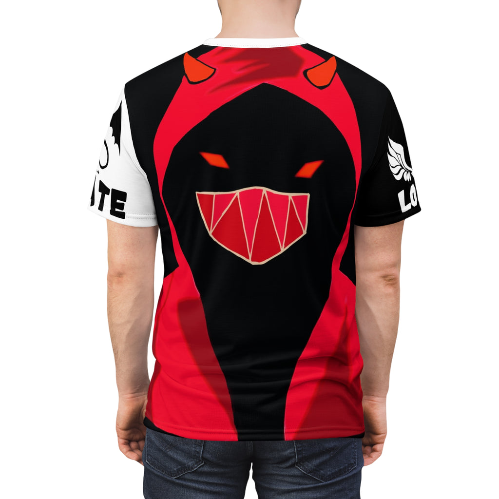 Masked Figure with horns and 'Love & Hate' Tee — Edgy Unisex Cut & Sew T‑Shirt