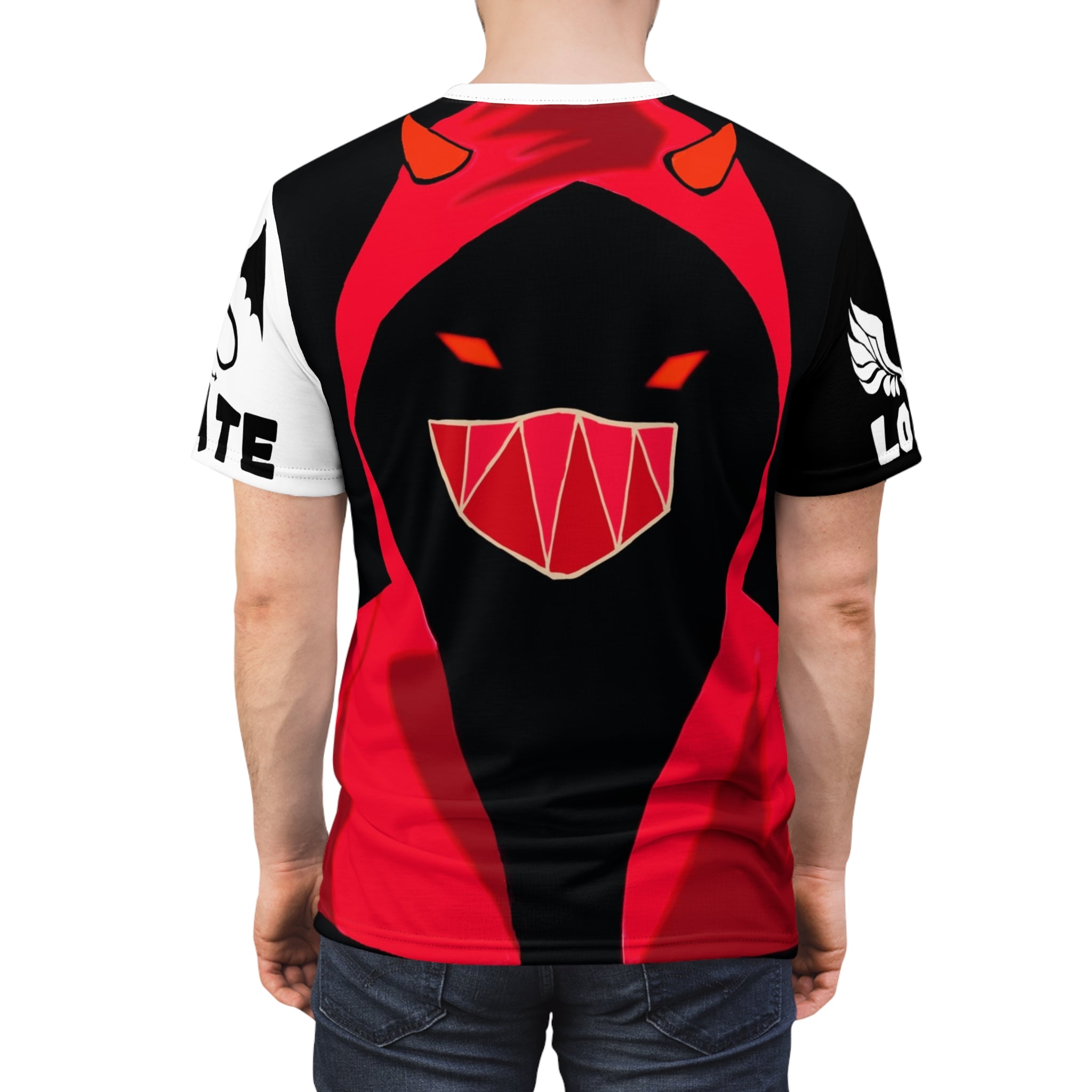 Masked Figure with horns and 'Love & Hate' Tee — Edgy Unisex Cut & Sew T‑Shirt